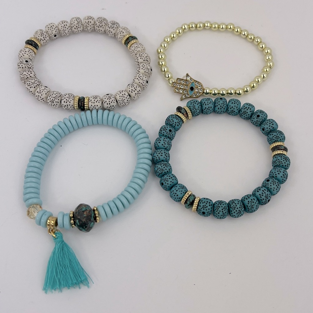 JEAN CLAUDE JEWELRY, FOUR BRACELETS, COLD, WHITE,TURQUOISE,BLUE/GREEN,ADJUSTABLE - Picture 4 of 10